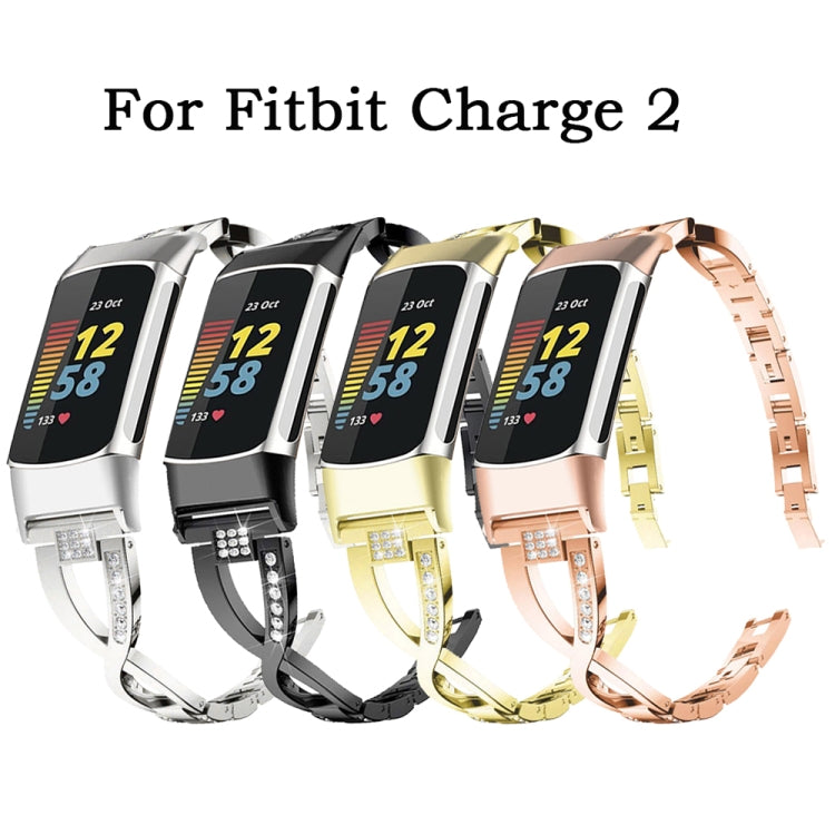 Diamond metal watch bands for Fitbit Charge 2 in silver, black, gold, and rose gold