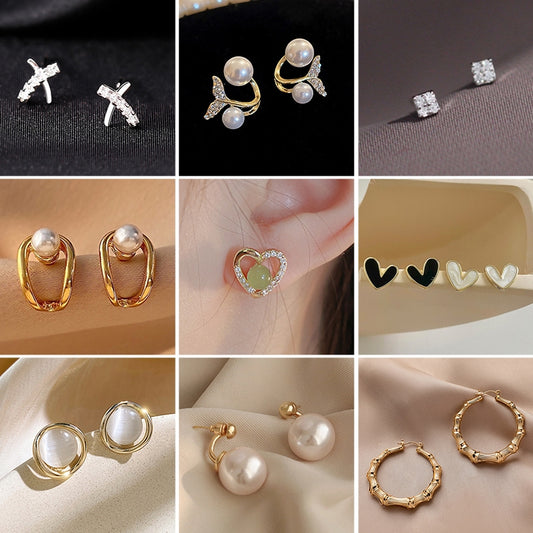 Assorted pearl and crystal earring designs in gold and silver tones