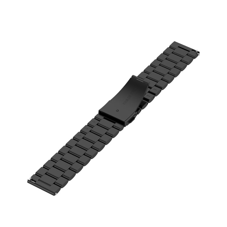 Black three-bead stainless steel watch band, flat view of 22mm link bracelet