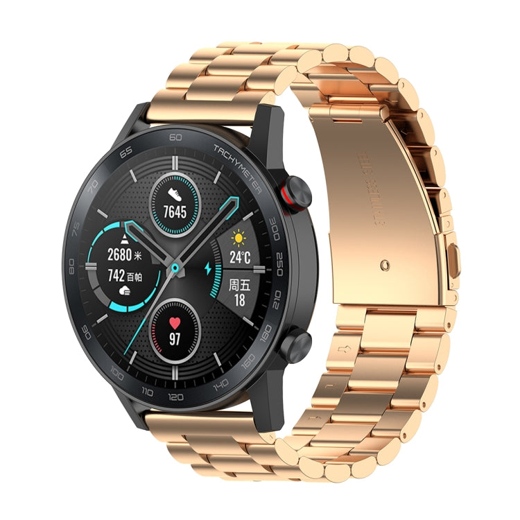 Rose gold three-bead stainless steel watch band with interlocking links, 22mm