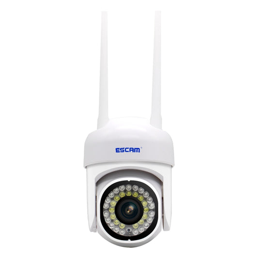 ESCAM white outdoor WiFi security camera with dome housing and circular lens array