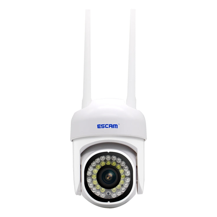 ESCAM white outdoor WiFi security camera front view with LED ring around lens