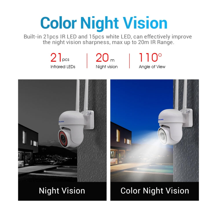 ESCAM white WiFi security camera with night-vision scenes and light beam