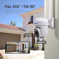 Wall-mounted white security camera with pan/tilt adjustment arrows.