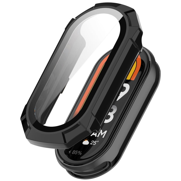 Black protective watch case with tempered glass cover for Xiaomi Mi Band 8, sensors visible