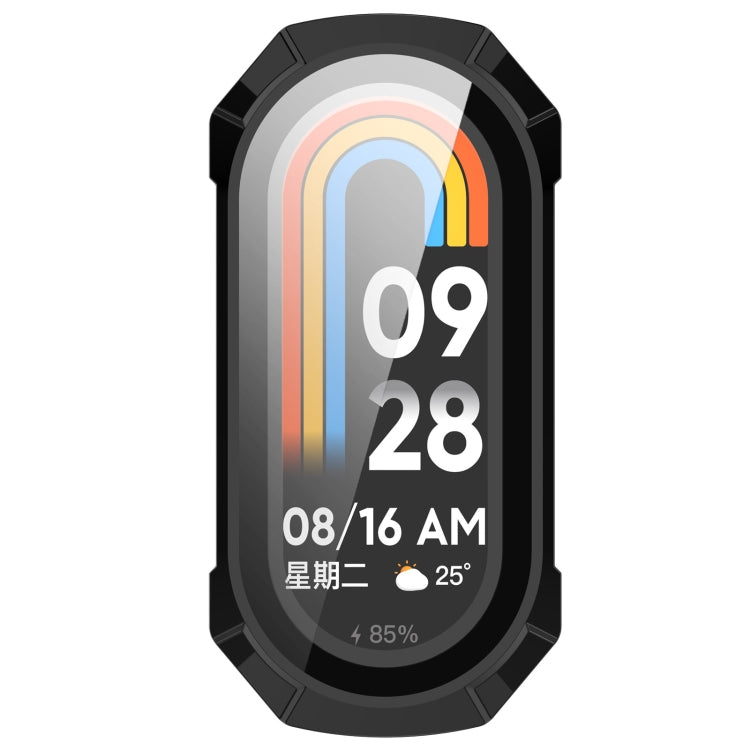 Black protective case with integrated tempered glass window, showing watch display