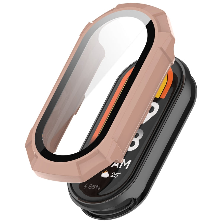 Pink protective watch case with integrated tempered glass window for Mi Band 8
