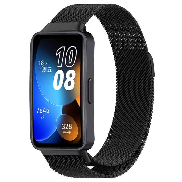 Black milanese metal watch band, woven mesh with secure clasp, for Huawei Band 10/9/8