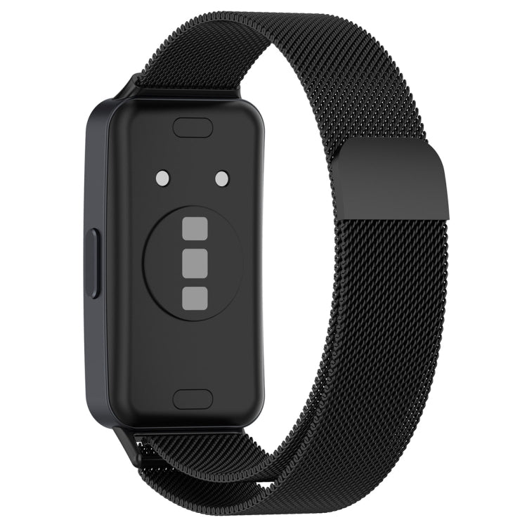 Black milanese metal watch band, woven mesh with buckle detail, for Huawei Band 10/9/8
