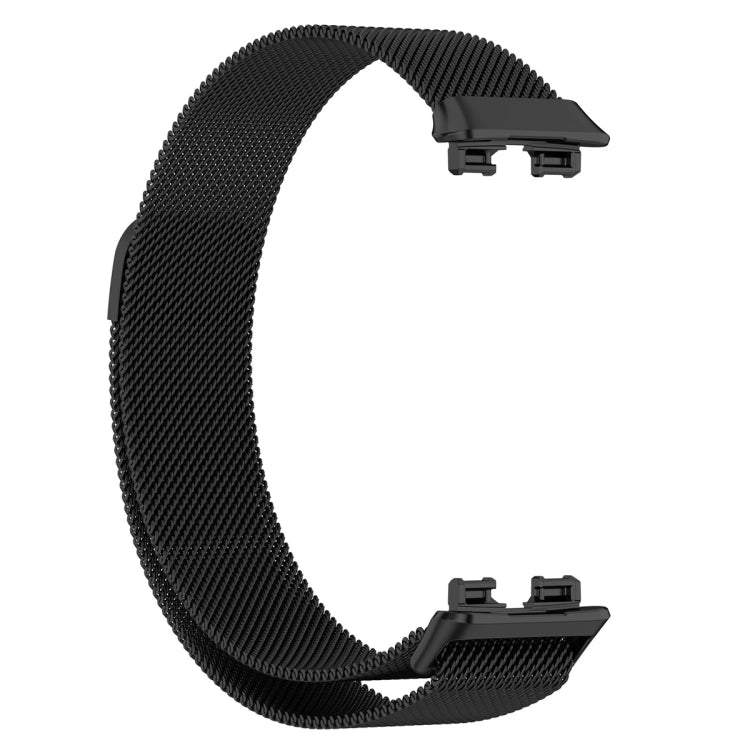 Black milanese metal watch band, mesh strap with adjustable clasp tabs, Huawei Band 10/9/8