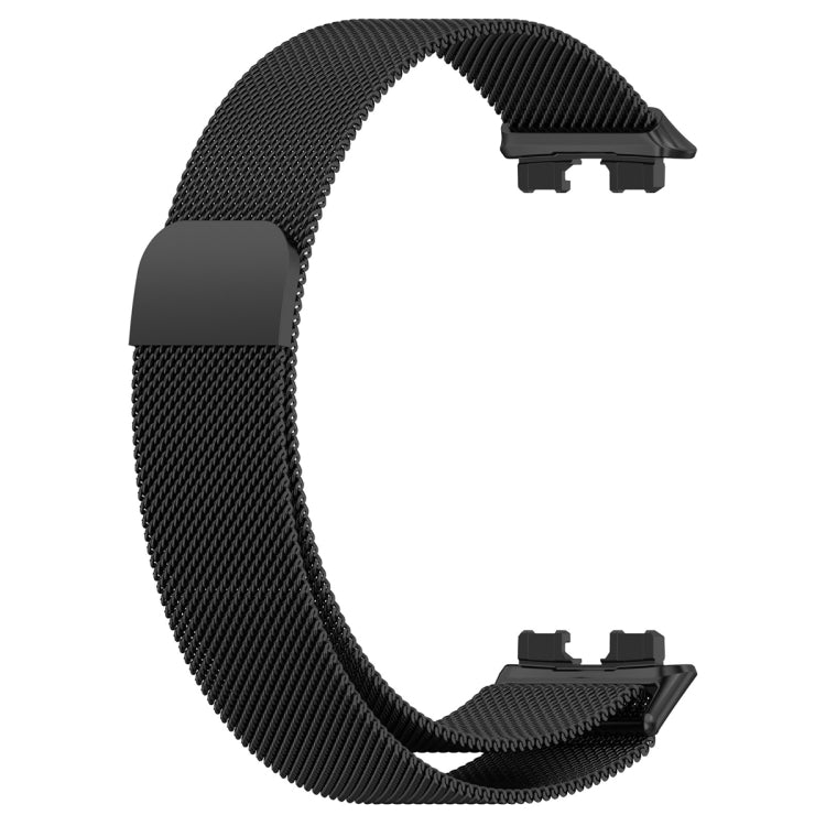 Black milanese metal watch band, woven mesh strap with clasp underside, Huawei Band 10/9/8