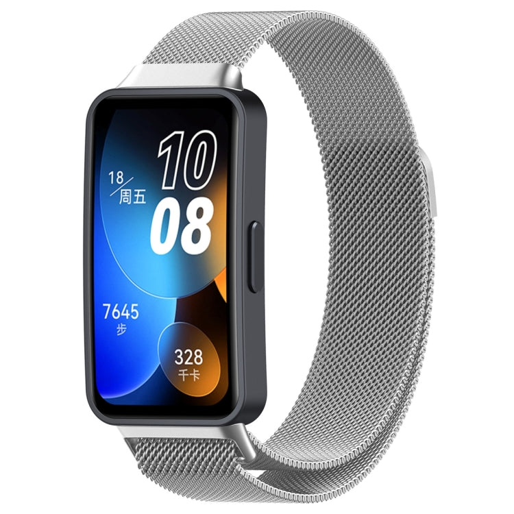 Milanese metal watch band in silver tone with mesh strap and clasp for a smartwatch