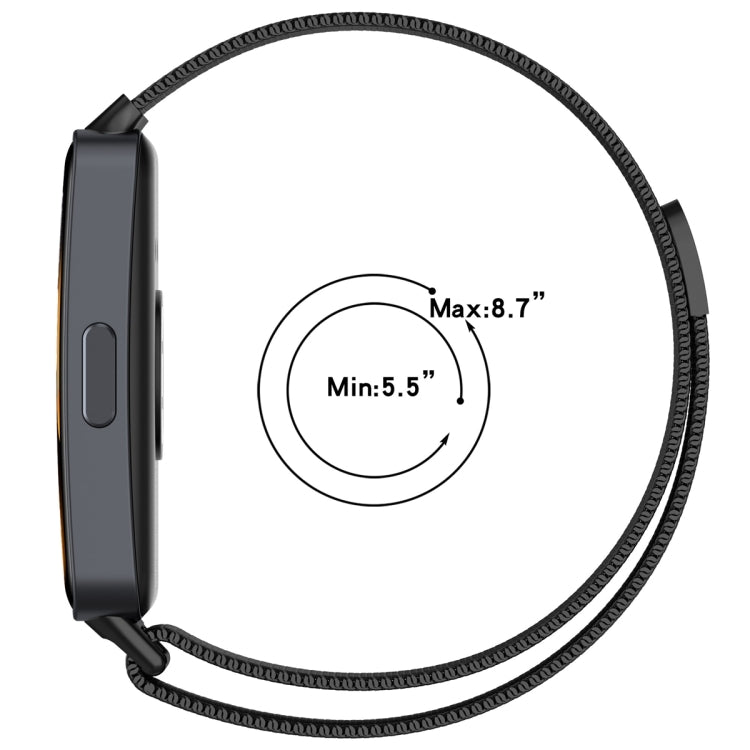 Black Milanese metal watch band with mesh links and matte clasp, shown side profile