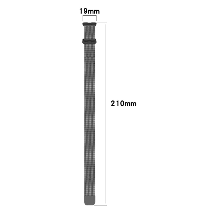 Milanese watch band dimensions: 19mm width and 210mm length (strap sizing graphic)