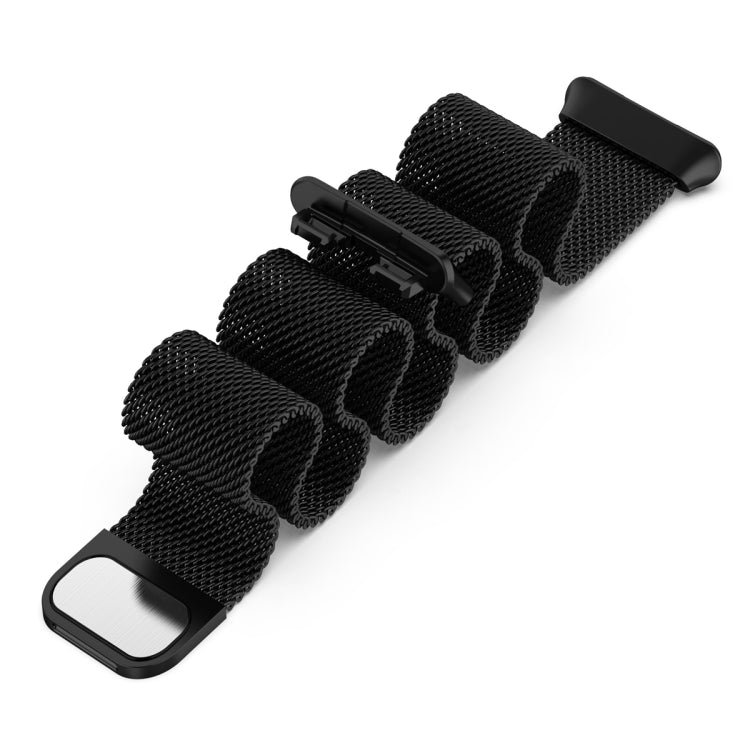 Black Milanese metal watch band with mesh links and secure clasp, laid flat