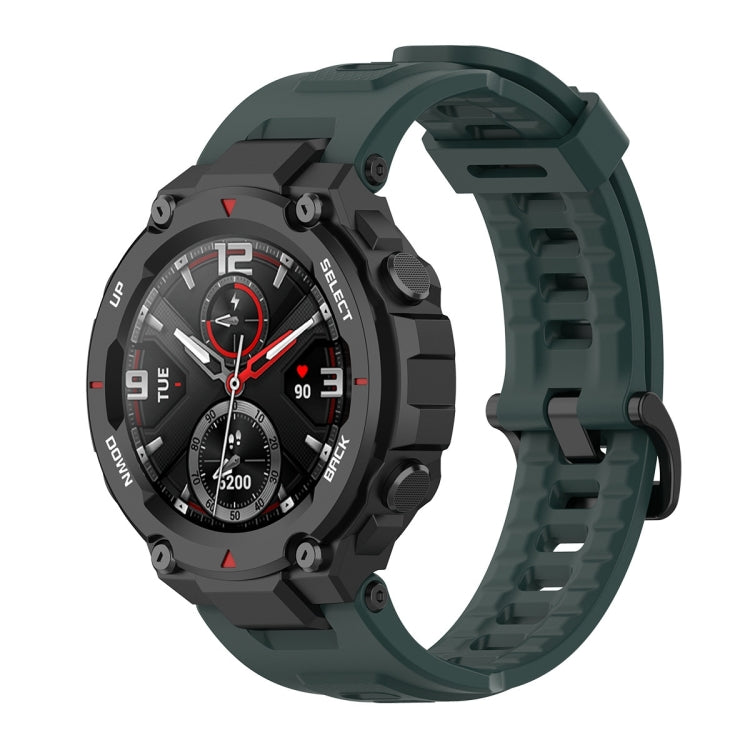 Silicone watch strap with perforated links and buckle, olive green for Amazfit T-Rex A1918