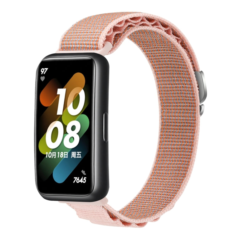 Loop nylon watch band in pink sand with woven strap and black smartwatch display
