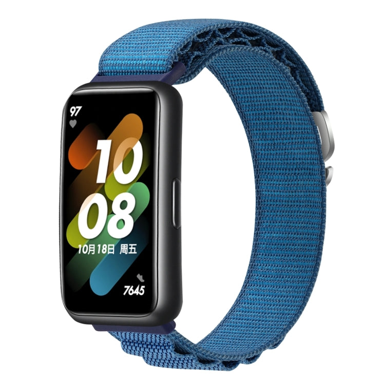 Loop nylon watch band in blue with woven strap and black smartwatch display