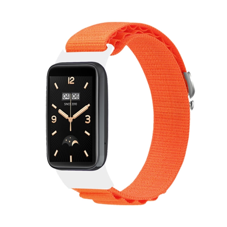 Loop nylon watch band in orange with woven strap and analog-style smartwatch display