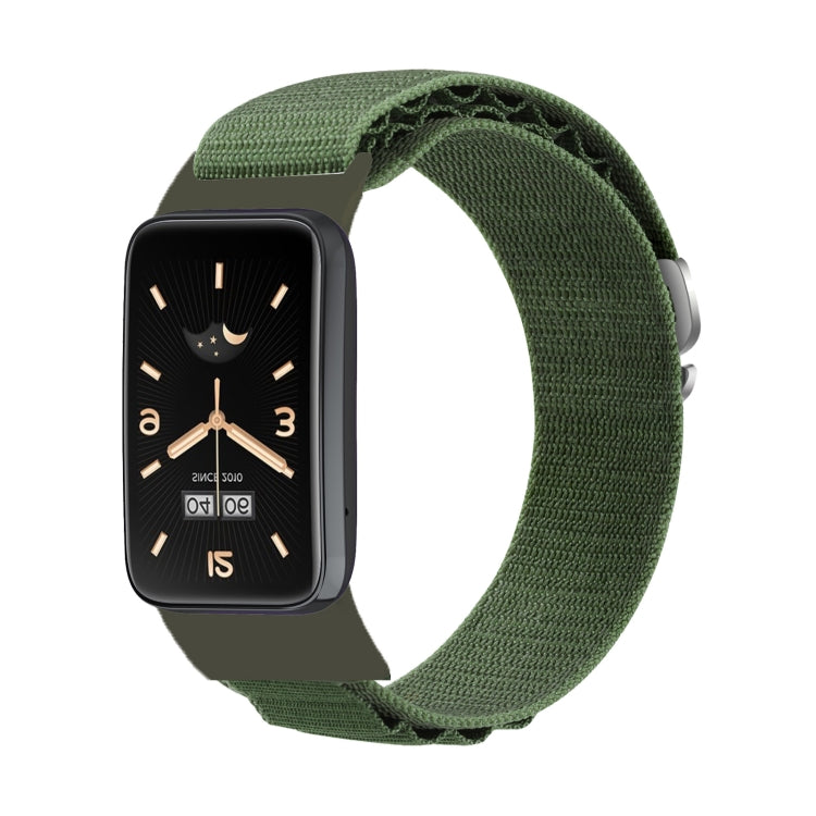Loop nylon watch band with green woven strap and smartwatch face, adjustable fit