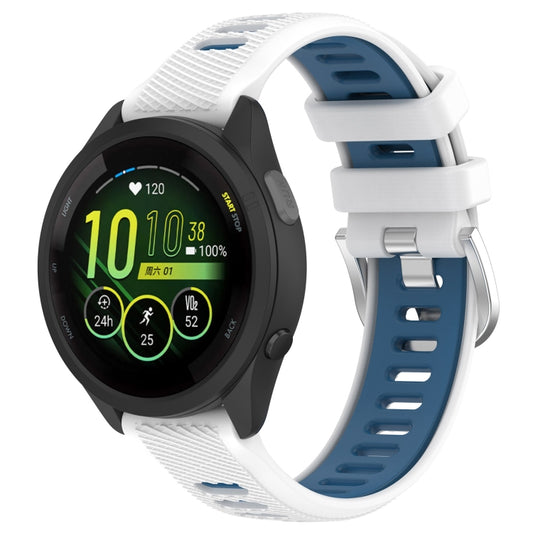 White silicone watch band with blue accents, two-color pin buckle, ventilated strap