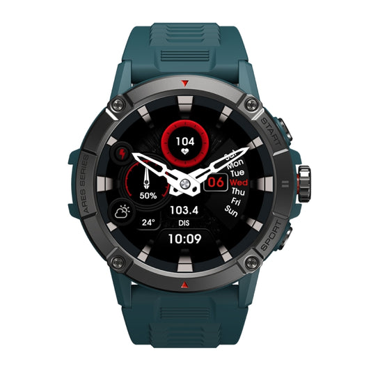 Steel blue smart watch with round AMOLED-style display and silicone sport strap
