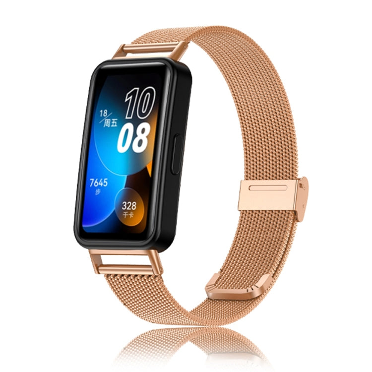 Rose gold stainless steel metal mesh watch band with metal clasp and smartwatch holder