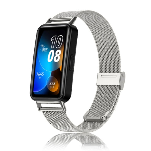 Silver stainless steel metal mesh watch band with metal clasp and smartwatch holder