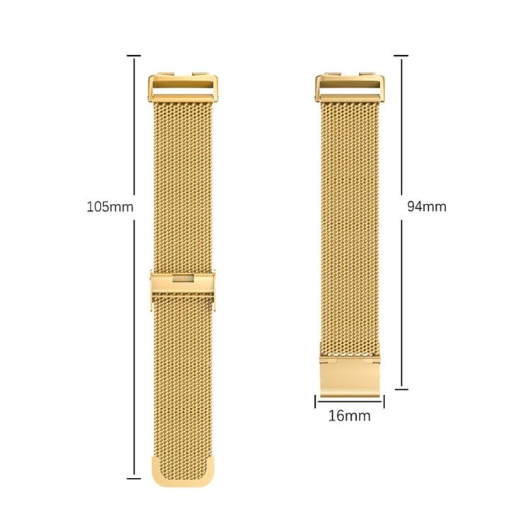 Gold metal mesh watch band with fold-over clasp shown with size diagram