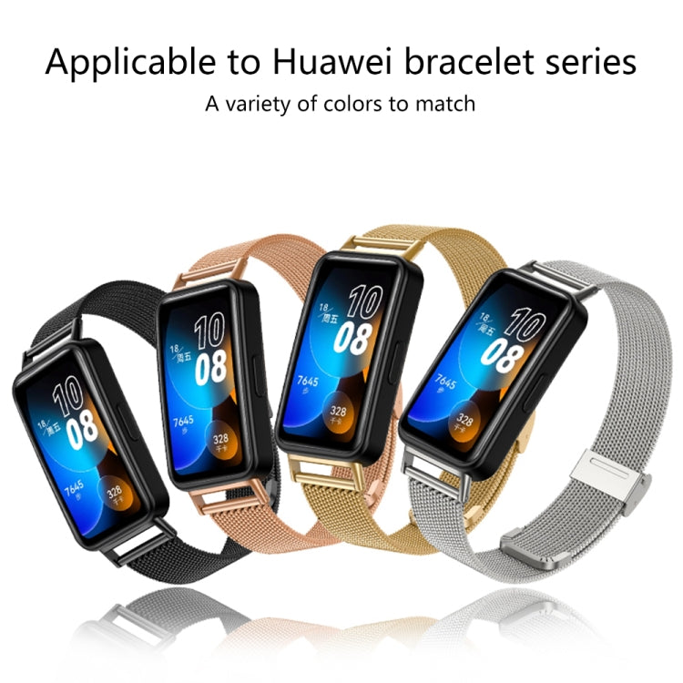 Metal mesh watch band lineup in black, tan, gold, and silver tones with clasps