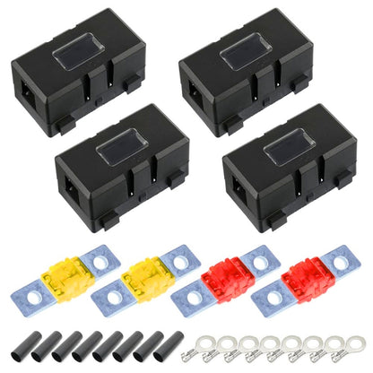 Car fuse holder kit with four black blocks, colored fuses, black covers, and metal link bars
