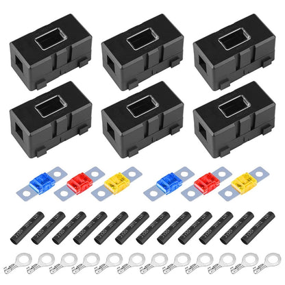 Black 6-slot car fuse holder kit with blue, red, and yellow blade fuses and clips
