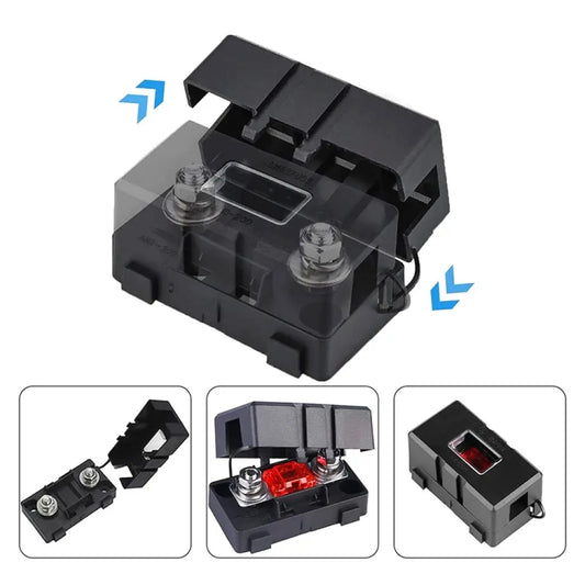 Black car fuse holder with open fuse bay and screw terminals, showing how it connects