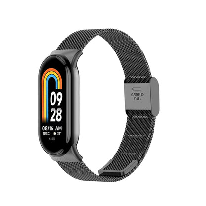 Milanese metal watch band for fitness tracker, black mesh with buckle clasp