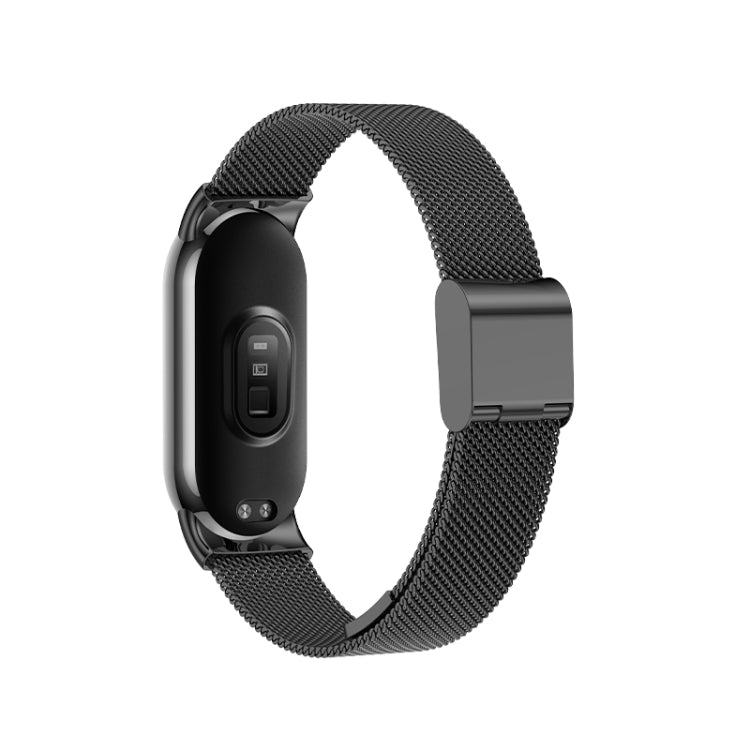 Milanese metal watch band for fitness tracker, black mesh with side button housing