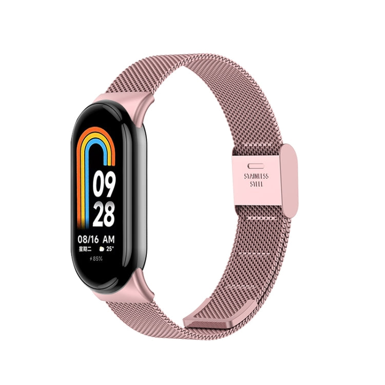 Milanese metal watch band for fitness tracker, rose pink mesh with buckle clasp