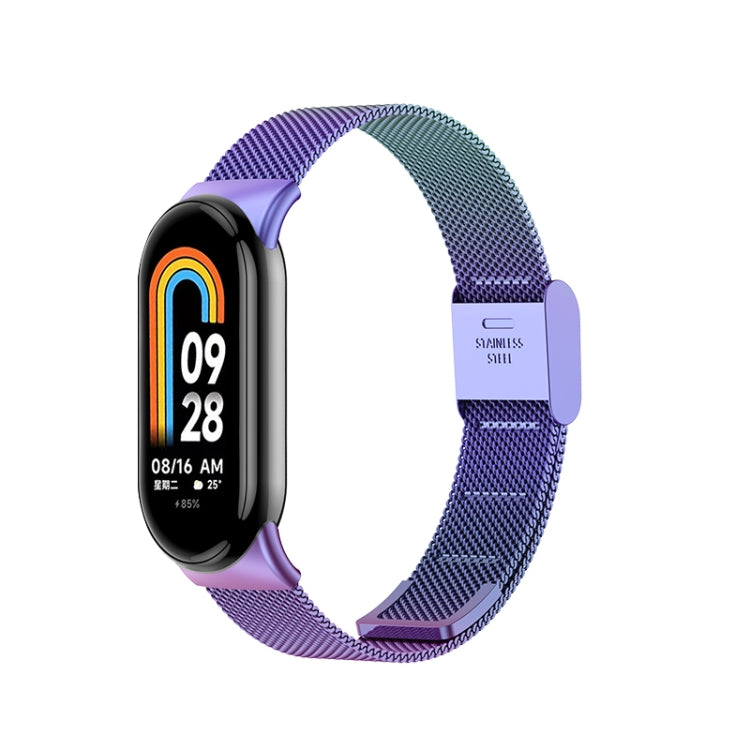 Milanese metal watch band for fitness tracker, purple-to-blue mesh with buckle clasp