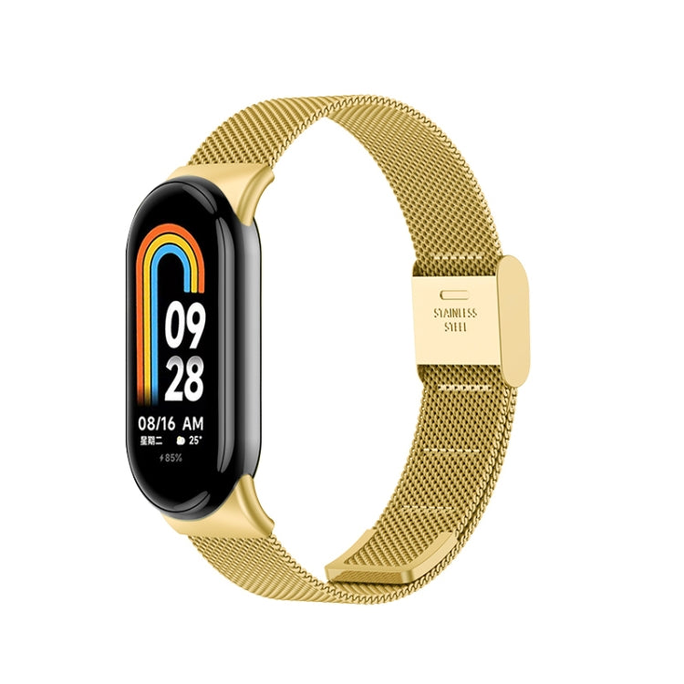 Milanese metal watch band for fitness tracker, gold mesh with buckle clasp