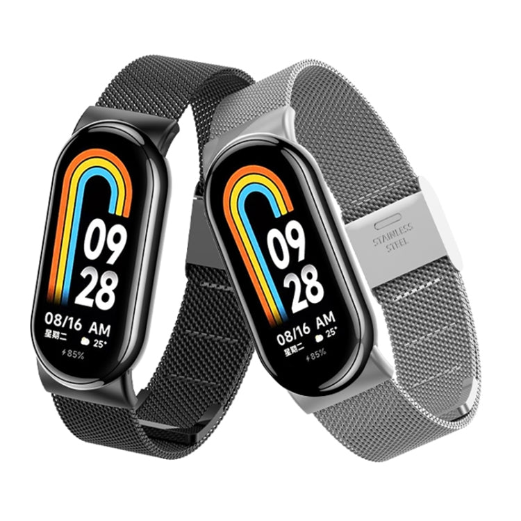Pair of Milanese metal watch bands with clasp, shown in gray