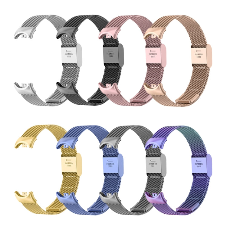 Assorted Milanese metal watch bands with clasp, displayed in multiple colors