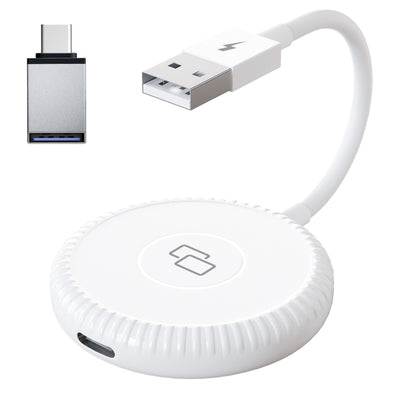 White CarPlay mirror adapter puck with USB-A plug and cable