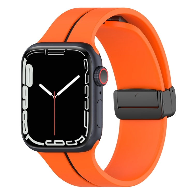 Silicone watch band with folding buckle, orange with black, for Apple Watch