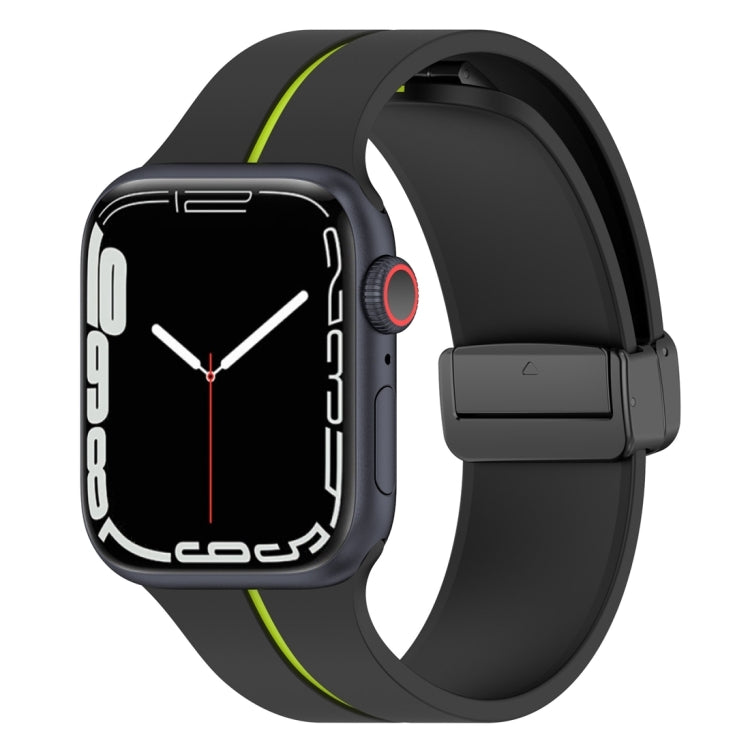 Two-color silicone watch band with folding buckle, black and lime green.