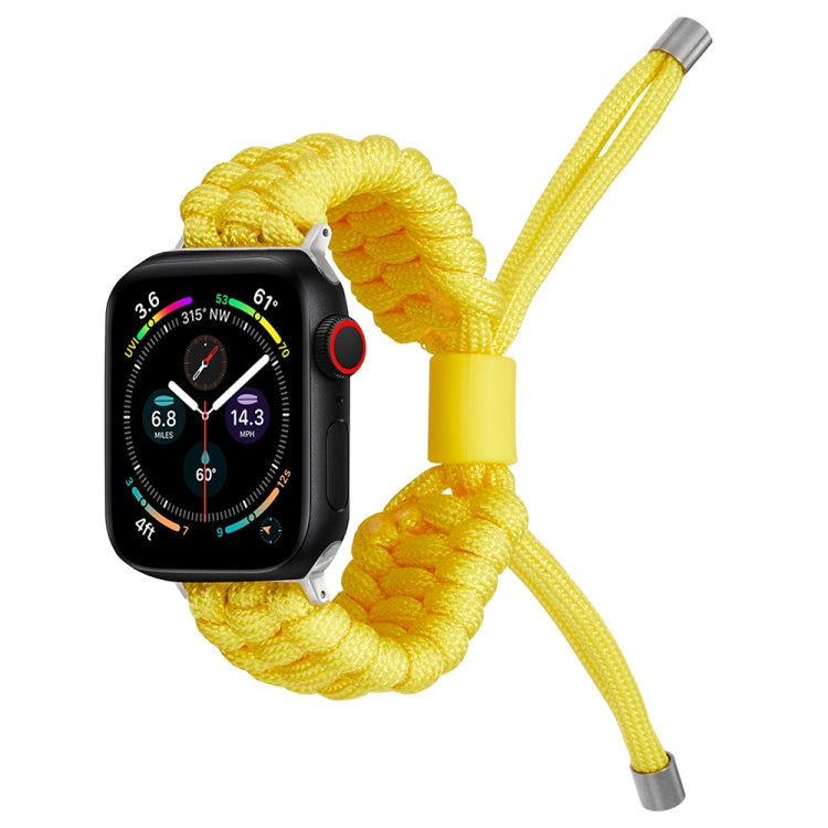 Yellow braided silicone watch band with knot clasp and smooth metal-ended cords