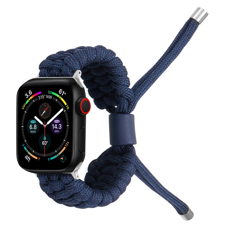 Navy blue braided watch band with silicone keeper and metal end tips.