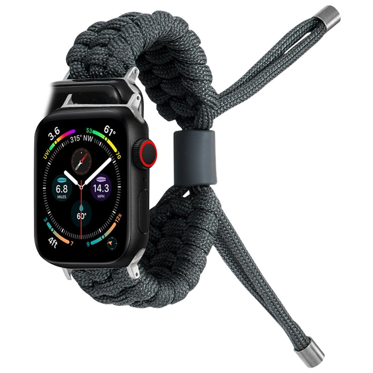 Braided stretch silicone watch band in dark gray with metal pin ends and silicone center clip
