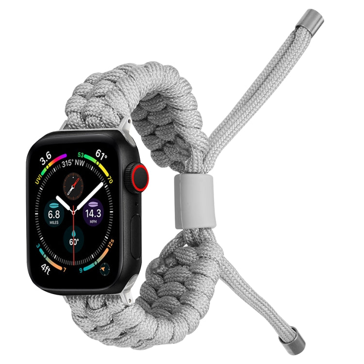 Braided stretch silicone watch band in light gray with metal pin ends and silicone center clip