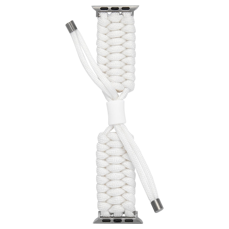 White braided silicone watch band shown flat with metal end tips and clasp center