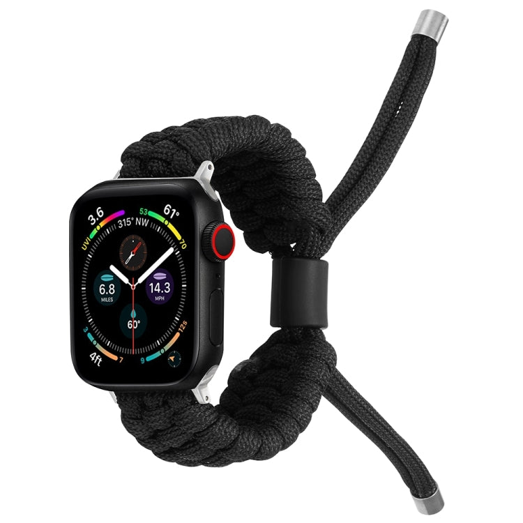 Black braided silicone watch band with metal end tips and center clasp for Apple Watch