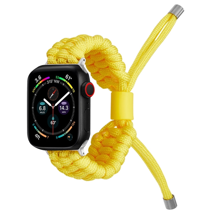 Yellow braided silicone watch band with metal end tips and center clasp for Apple Watch